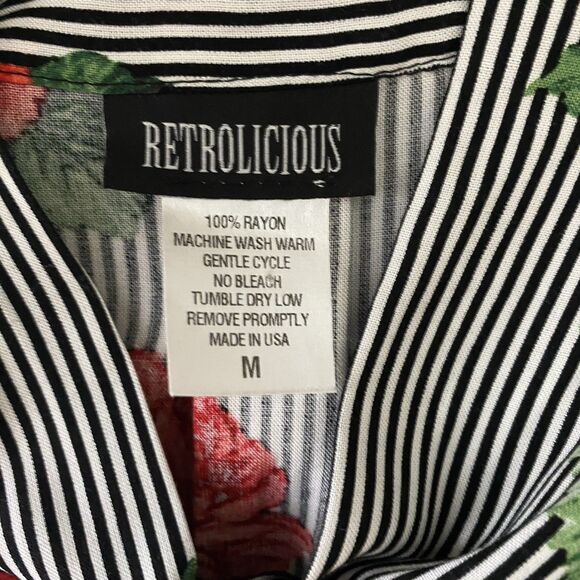 Retrolicious Blouse Womens M Rose Print Black White Stripe Tie Neck Secretary - Picture 5 of 8